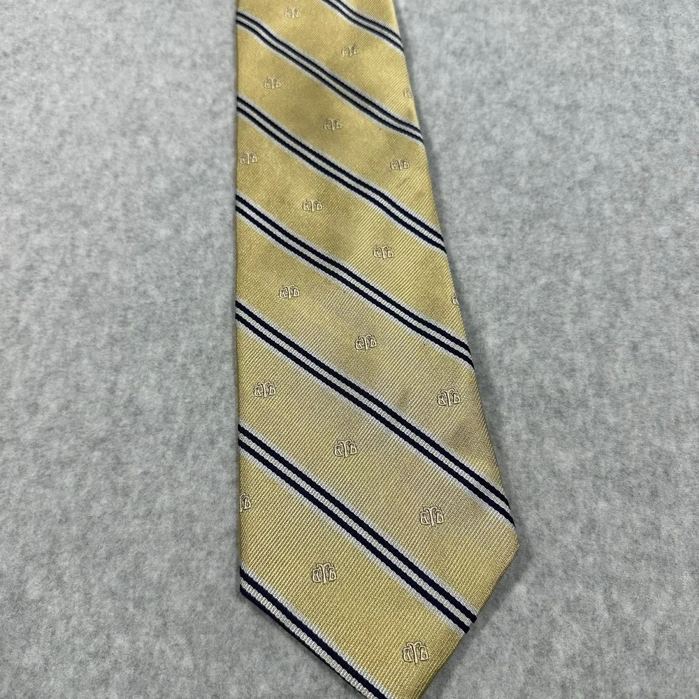 Brooks Brothers Silk Repp Tie Gold Navy Blue Striped Logo Embroidery Made In USA